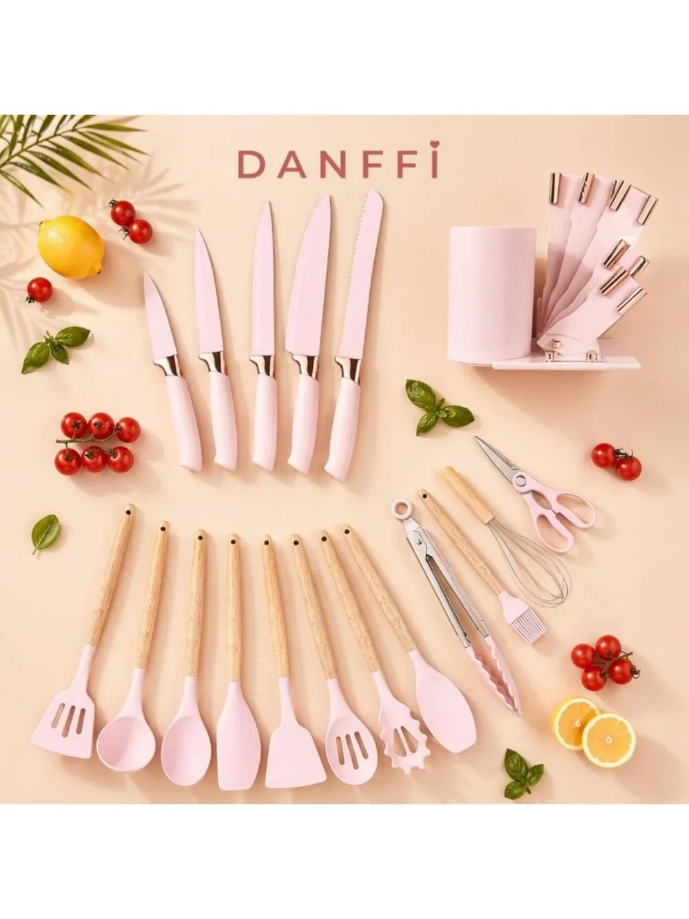 19-Piece Pink Kitchen Utensils Set - Silicone Tools, Wooden Handles, BPA-Free